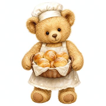 Teddy Bear Carrying Basket of Fresh Baked Bread Rolls