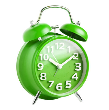 Bright green vintage twin bell alarm clock, side perspective view, isolated on transparent cutout background