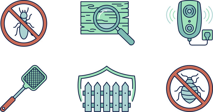 Home Pest Control and Termite Protection Icon Set Featuring Termite Ban Sign, Wood Inspection, Ultrasonic Repeller, Fly Swatter, Fence Shield, and Bedbug Prohibition Symbol
