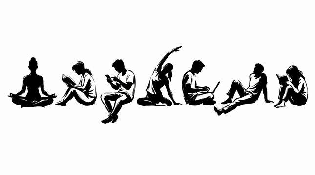 Modern minimalist vector illustration of people sitting cross-legged