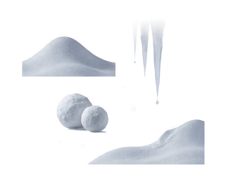 Collection of 3D rendered snow drifts, round snowballs, hanging icicles, and falling white snowflakes against a dark background, isolated on a, transparent background