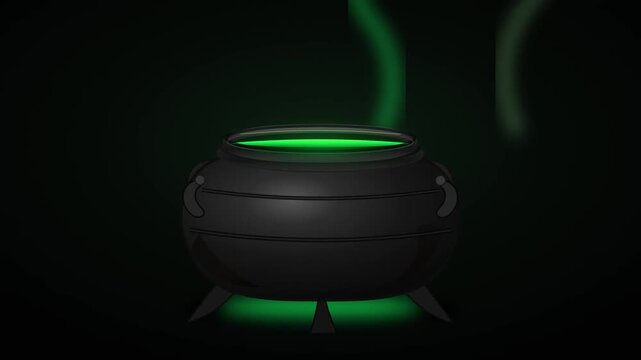 A black iron cauldron bubbling with glowing green magic potion and rising smoke