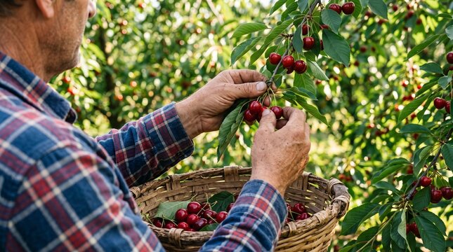 Farmer Harvesting Fresh Ripe Red Cherries in Sunny Orchard