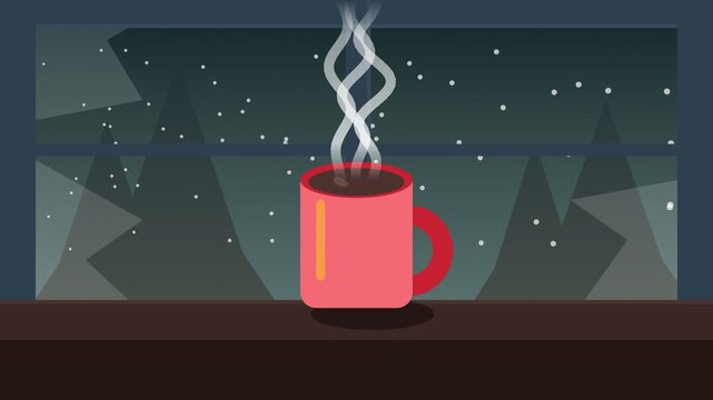 Steaming Hot Cocoa Mug by Frosted Window with Snowflakes Flat Vector Loop