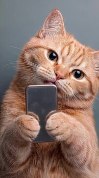 Ginger tabby cat holding smartphone with paws and looking at screen. Close-up of domestic feline using mobile device. Vertical video with panning and tilting camera movement.