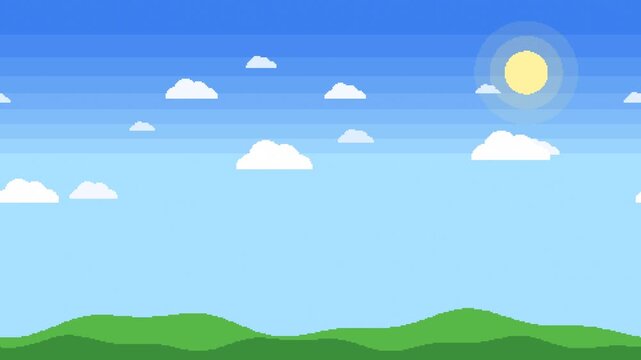 Pixel Art Sky with Clouds and Green Hills Retro Game Parallax Loop