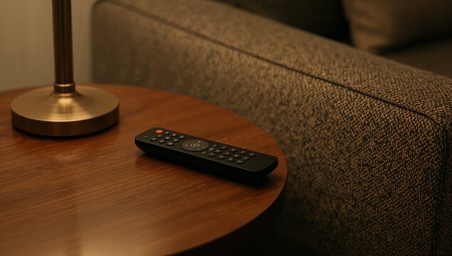 Remote control sitting on a wooden table, perfect for a home office or living room