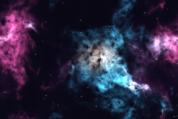 Colorful deep space nebula with pink and teal glowing gas clouds, dark dust lanes and a dense star field © Secret
