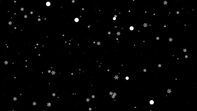 Flat 2D vector pure white snowflakes and detailed crystals falling on a pure black background, perfect for screen blend mode compositing. Features 3 depth layers and natural sway.