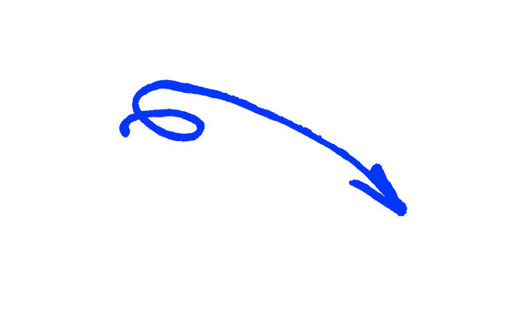 Blue hand drawn swirl loop curved arrow pointing down right isolated on white background creative doodle direction pointer symbol vector graphic element for web layout