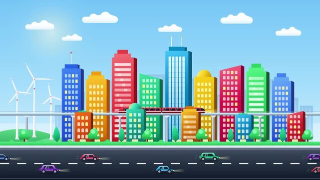 Colorful cartoon city skyline with wind turbines and busy highway traffic.