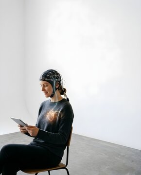 Woman wearing an EEG brain wave cap interacting with a digital tablet showing a glowing heart graphic, symbolizing mind body connection and biofeedback therapy.