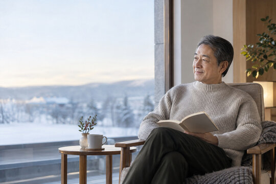 Man taking a quiet break in a sunlit wellness lounge