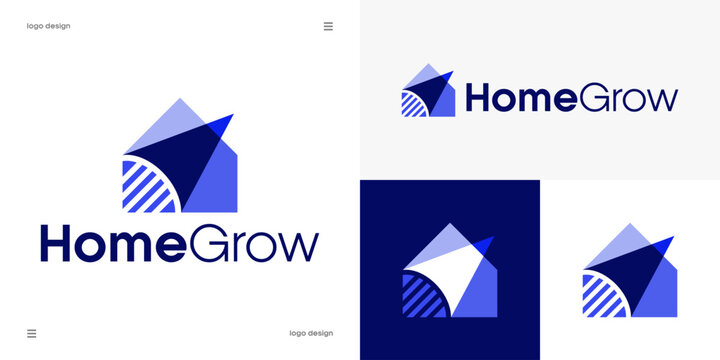 home grow logo design, real estate investment, property development, home value appreciation and residential business concept, house roof icon with upward growth arrow, vector