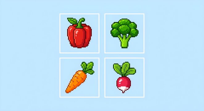 Set of 4 pixel art vegetables icon vector set including red bell pepper, green broccoli, orange carrot, and radish on simple background