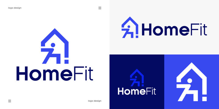 home fit logo design, home workout, indoor fitness, personal training, residential health and active lifestyle concept, house outline combined with exercising human silhouette, vector