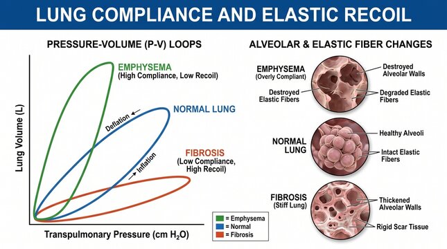 Lung compliance and elastic recoil showing pressure volume loops and