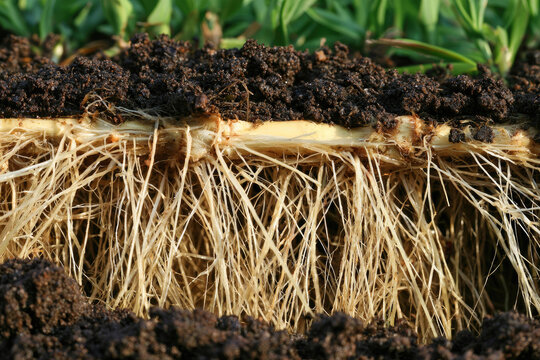 Bamboo rhizome root system in dark organic soil, showing fibrous roots and underground growth in botanical cross section with natural daylight