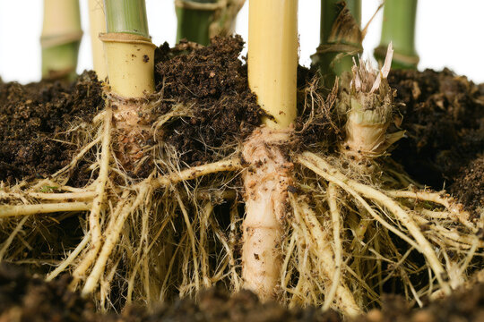 Bamboo rhizome root system exposed in dark organic soil with fibrous roots, underground growth, and botanical detail for ecological study and sustainable agriculture imagery