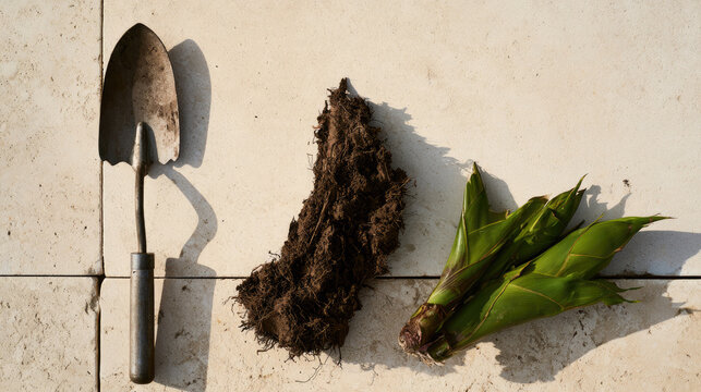 Bamboo rhizome with root cluster and fresh shoot beside garden trowel on pale stone surface, showing sustainable gardening materials in warm natural sunlight with ample copy space