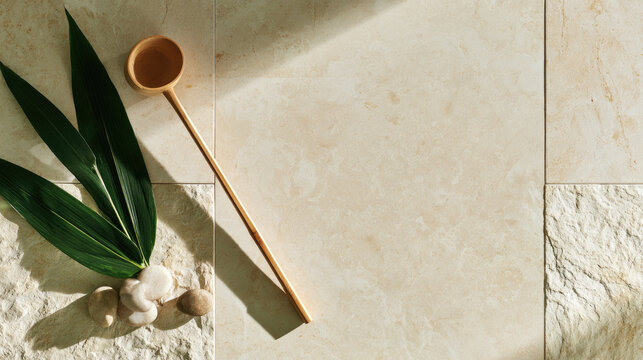 Bamboo ladle, green leaf, river pebble, and stone tile create calm natural still life with warm sunlight and generous copy space for wellness design