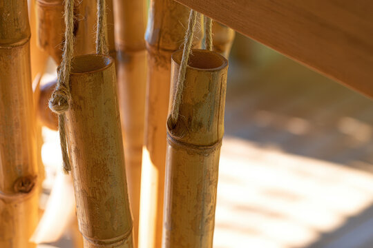 Bamboo wind chime tube hanging from wooden porch overhang in warm sunlight with natural hemp cord, weathered cane texture, and peaceful outdoor atmosphere