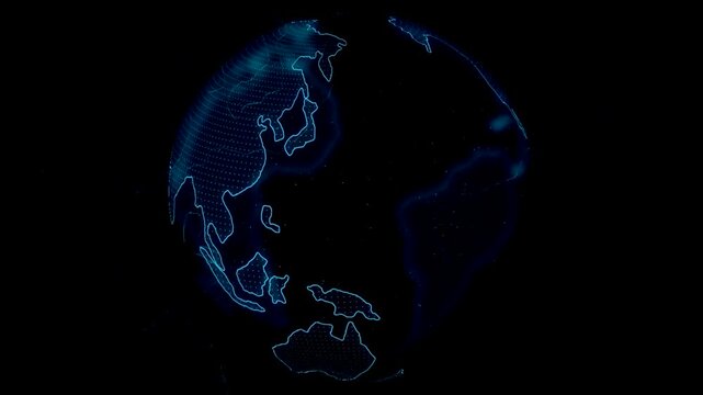Digital glowing blue globe with holographic world map representing technology, global connectivity, and data transfer in a futuristic cyberspace network