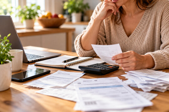 Personne calculant son budget familial avec des factures et une calculatrice &agrave; domicile