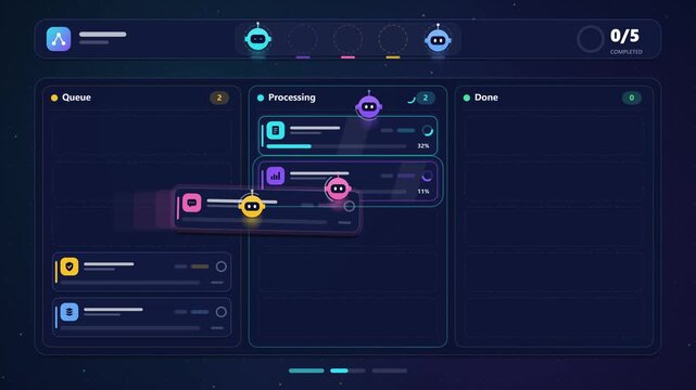 Futuristic digital dashboard interface with task management queue and automated processing robots.
