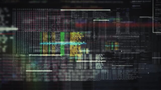 Abstract futuristic digital interface with lines of code, data grids, and glowing text displays in a cyberpunk tech aesthetic