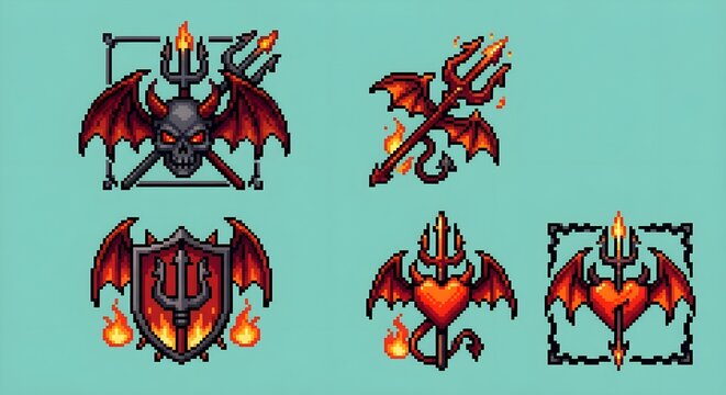 Pixel Art Devil Icon Set with Wings, Trident, and Flames