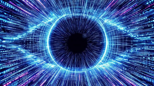 Omnipresent digital eye observing cyberspace streams through glowing fiber optics and streaming binary data. Lockdown shot with pulsing light trails.