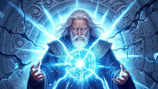 Sorcerer unleashing raw celestial power shattering reality. Medium shot of fantasy mage clenching fists as glowing rune orb explodes with lightning.