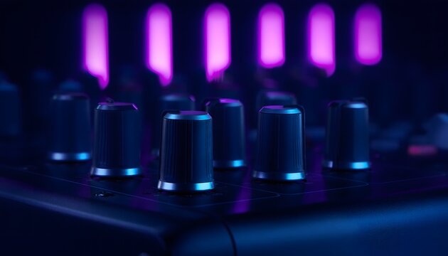 Close up of audio sound mixer control knobs illuminated with vibrant blue and purple neon lights in nightclub.