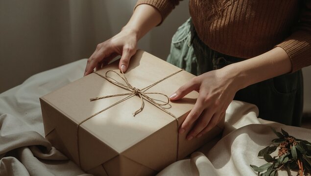 A person holding a box wrapped in brown string, perfect for various occasions