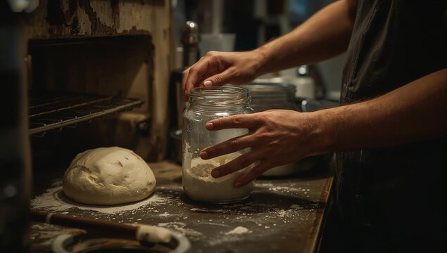 Handmade bread dough in a jar, ready for baking
