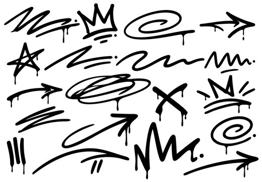 Authentic Black Ink Drip Graffiti Tag Elements Hand-Drawn Street Art Markings and Swirls Collection.