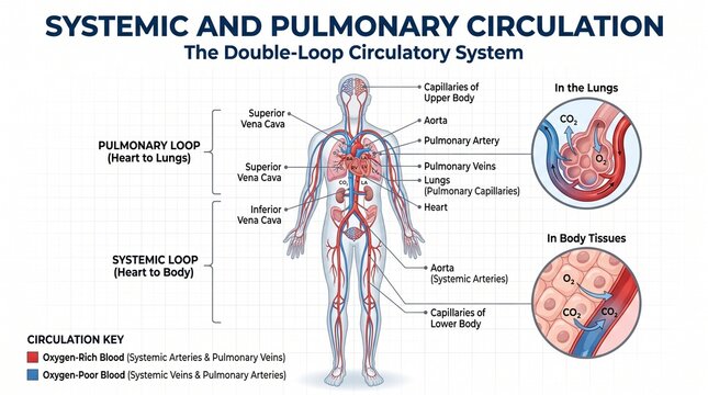 Systemic and pulmonary circulation diagram showing human heart blood
