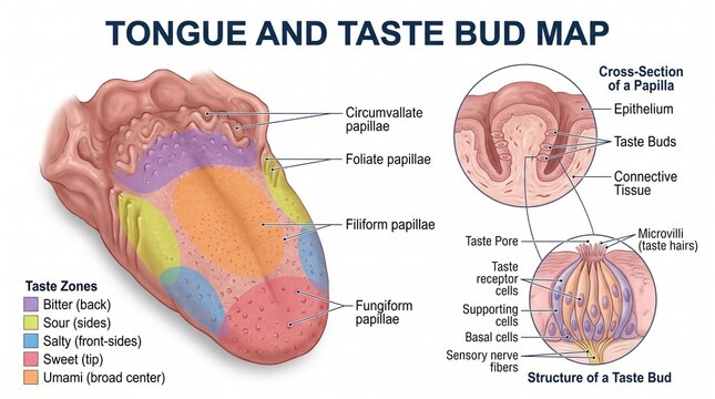 Human tongue anatomy and taste bud zones show papillae types and