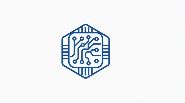 Blue hexagonal microchip icon on white background. Abstract digital processor symbol with circuit lines, electronic hardware elements. Minimalist tech logo for computer science, artificial