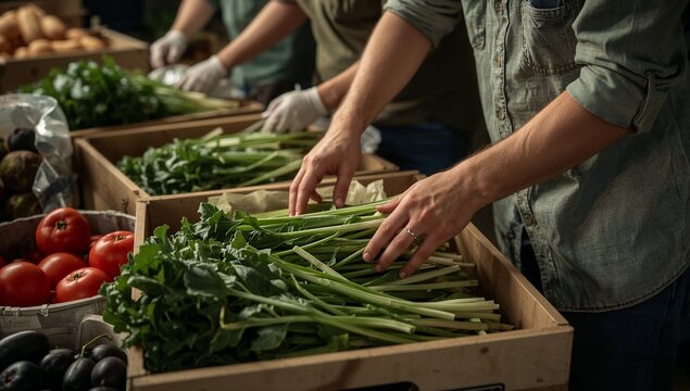 A couple standing over boxes of fresh vegetables, a scene of everyday life or perhaps a farmers market setup