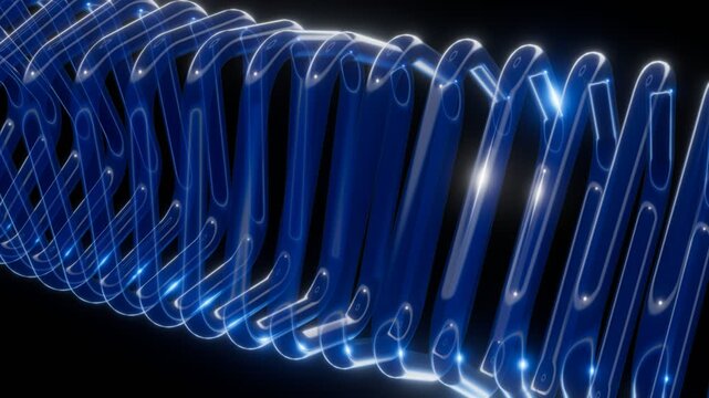 Azure blue glass helix of looped ribbons twisting across a black background, spring coil with sparkling highlights, mirrored abstract tech animation