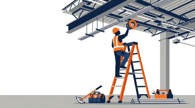 An electrician stands on a ladder and works overhead inside a steel frame building during daytime, using tools and safety gear.