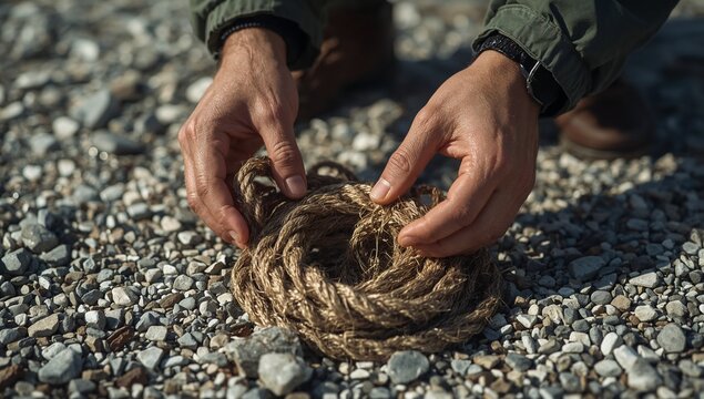 A person tying a rope to a ball of yarn, a common activity for crafting or repairing