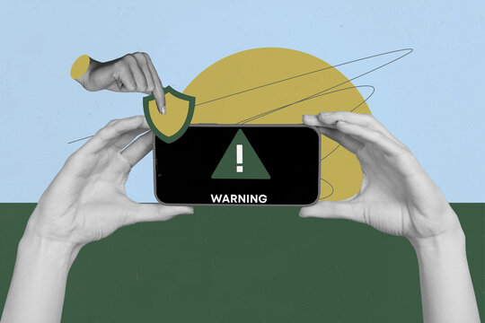 Trendy art creative full zine photo collage of hacker hands hold danger bug spyware laptop decoding device antivirus trojan app