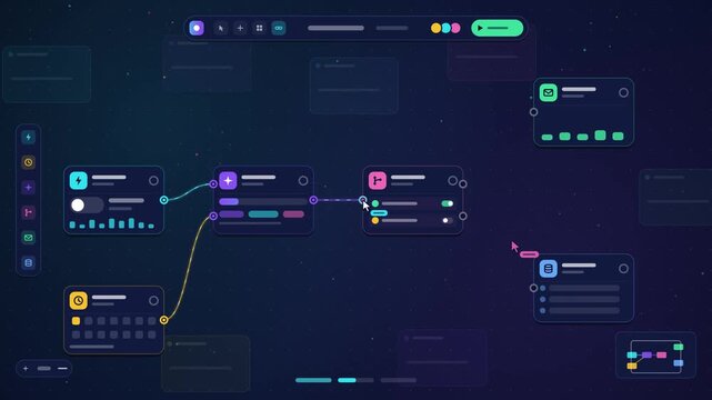 Abstract digital interface showing workflow automation and data connection nodes.