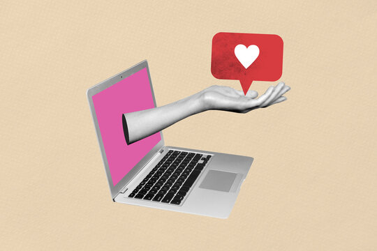 Composite 3D photo collage design trend sketch of blog hand hold heart like share follow app device remote online internet technology