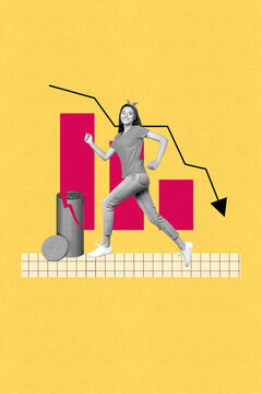 Sketch poster zine collage of puzzled girl guy receive arrow decline recession bankruptcy problem coin broke crisis inflation