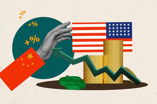Creative trend design 3D collage sketch of usa government earnings finance economy decline hand stop arrow pile coins loss budget business
