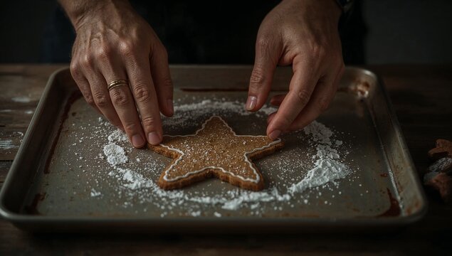 A person making star-shaped cookies on a baking sheet